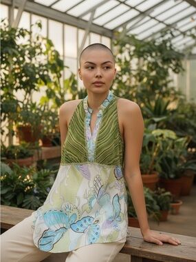 Sleeveless Green and Blue Butterfly Tunic Top